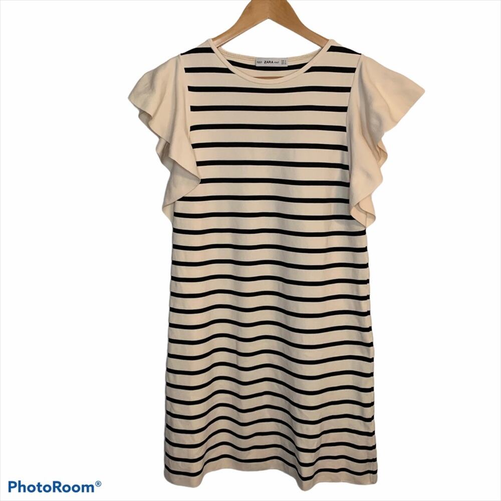 ZARA KNIT Statement Sleeve Dress Cream S Striped
